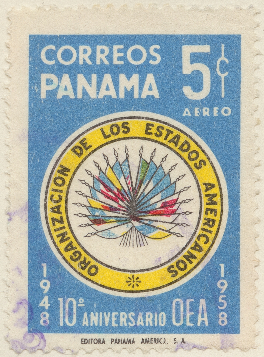 Frimärke ur Gösta Bodmans filatelistiska motivsamling, påbörjad 1950.
Frimärke från Panama, 1958. Motiv av Flaggsymbol för de amerikanska staternas Organisation 10-årsminne 1948-1958.