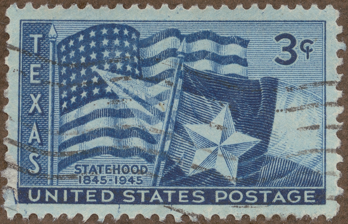 Frimärke ur Gösta Bodmans filatelistiska motivsamling, påbörjad 1950.
Frimärke från U.S.A., 1945. Motiv av (t.v): U.S.A:s flagga: (t.h.): Texas´ flagga ("The lone star") 100-årsminne av Texas´ vinnande av statsrättighet: 1845-1945.
