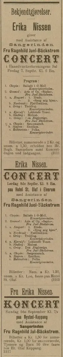 konEt utklipp av Oplandenes Avis som forteller om Erika Nissens konsertturne sammen med Ragnhild Juel-Bäckstrøm.