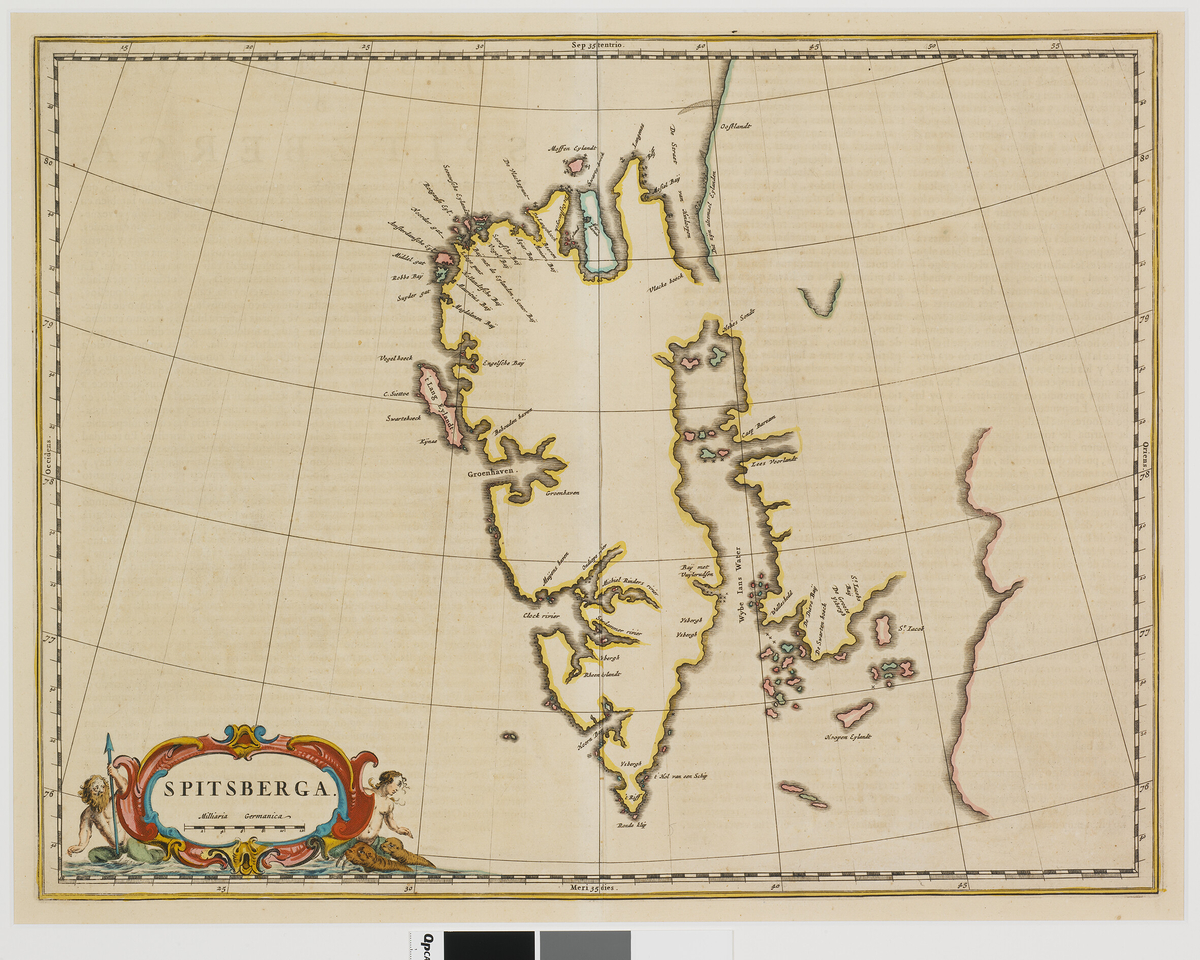 Kart over Spitsbergen. Baksidetekst på spansk.