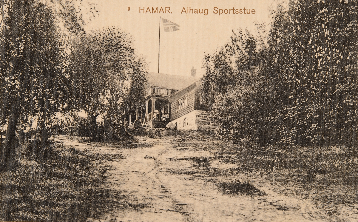 Postkort, Hamar, Sportsstua på Alhaug, Skistua, Hedmarktoppen