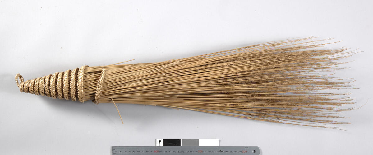 Feiekost laget av Sirom (Andropogon muricatus, Retz.), den vanligste feiekosten. Santalistan.
<ENG> Siromjonok'; broom made of Sirom (Andropogonmuricatus, Ret?.) Is the most common broom. Santalistan.</ENG> <SAT> Sirom jo̲no̲ḱ; Sirom jo̲no̲ḱ do sirom ghas reak ko̲ benaoak. Noado joto hoṛ ṭhen alga te ńamoḱa. Lạiako kathae, aema ho̲ṛko pạtiauḱa je, ḍạnko ńindạ daṛanko calaḱ re̲ akoaḱ kicrićko bhũṛi kaḱa ar (guṛha) jonoḱteko bandena paṛhanḍ leka. Santalistan.</SAT>
<OLCK>ᱥᱤᱨᱳᱢ ᱡᱚᱱᱚᱜ; ᱥᱤᱨᱳᱢ ᱡᱚᱱᱚᱜ ᱫᱚ ᱥᱤᱨᱳᱢ ᱜᱷᱟᱥ ᱨᱮᱭᱟᱜ ᱠᱚ ᱵᱮᱱᱟᱣᱟ᱾ ᱱᱚᱣᱟ ᱫᱚ ᱡᱚᱛᱚ ᱦᱚᱲ ᱴᱷᱮᱱ ᱟᱞᱜᱟᱛᱮ ᱧᱟᱢᱚᱜᱼᱟ᱾ ᱞᱟᱹᱭᱟᱠᱚ ᱠᱟᱛᱷᱟᱭ, ᱟᱭᱢᱟ ᱦᱚᱲᱠᱚ ᱯᱟᱹᱛᱤᱭᱟᱹᱣᱚᱜᱼᱟ ᱡᱮ, ᱰᱟᱹᱱᱠᱚ ᱧᱤᱸᱫᱟᱹ ᱫᱟᱲᱟᱱᱠᱚ ᱪᱟᱞᱟᱜ ᱨᱮ ᱟᱠᱚᱣᱟᱜ ᱠᱤᱪᱨᱤᱡ ᱠᱚ ᱵᱷᱩᱸᱲᱤ ᱠᱟᱜᱼᱟ ᱟᱨ (ᱜᱩᱲᱦᱟᱹ) ᱡᱚᱱᱚᱜ ᱛᱮᱠᱚ ᱵᱟᱱᱫᱮᱱᱟ ᱯᱟᱲᱦᱟᱱᱰ ᱞᱮᱠᱟ᱾ ᱥᱟᱱᱛᱟᱞᱤᱥᱛᱟᱱ᱾ </OLCK>