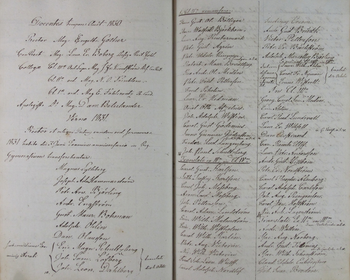 Rudbeckianska skolan i Västerås elevlängd 1831-1840.