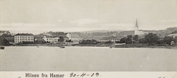 Postkort, Hamar by sett fra Hamarbukta, Bypanorama før jernb