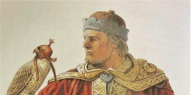 Et maleri av Rex Lustus. han har krone på hodet og en rød kappe med gullkanter. Han holder en hauk i hånden.