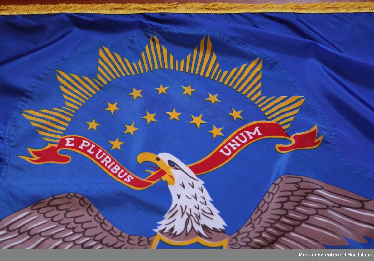 Flagg på stang. Flagget er rektangulært med den amerikanske ørna, hvithodehavørn, på blå bakgrunn. Ørna er vist med utstrakte vinger, skjold på brystet, den bærer olivenkvist i den ene kloa og piler i den andre kloa, hodet er i profil, og den holder et rødt bånd i nebbet med påskriften: "E PLURIBUS UNUM" ("av mange, en"). 13 gule stjerner er fordelt på to rader i bue over hodet til ørna (de representerer de opprinnelige delstatene i USA). Over disse er en bue med 7 gule trekanter. Under ørna er et rødt bånd kantet med gul ornamentikk og påskriften: "NORTH DAKOTA" i hvitt (delstaten). Rundt flagget er en gul frynsekant. Flagget er festet til en paradestang av tre med gyllen kule og spyd på toppen.