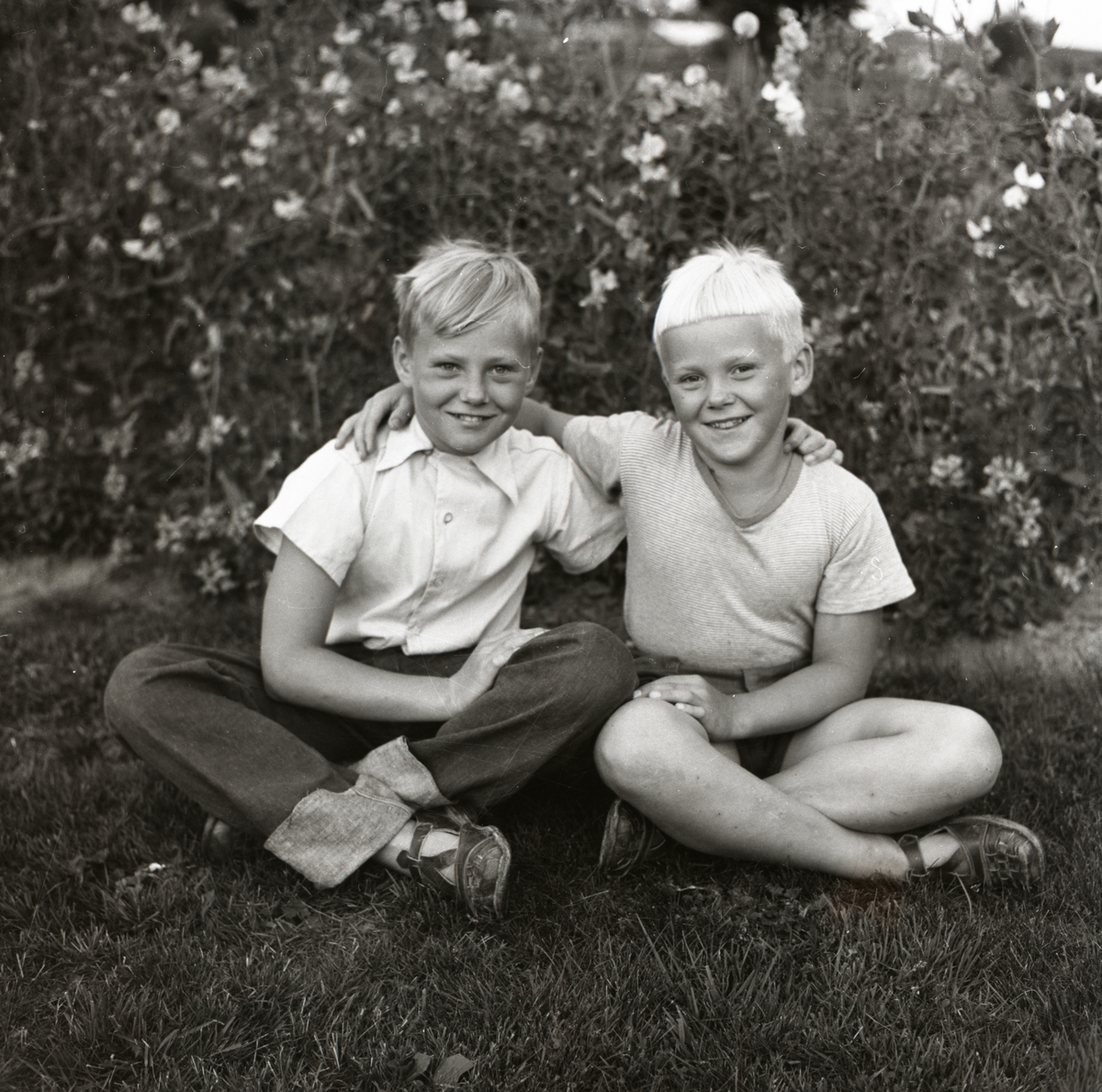 Hildings söner sitter tillsammans på gräsmattan i Glössbo den 28 augusti 1955.