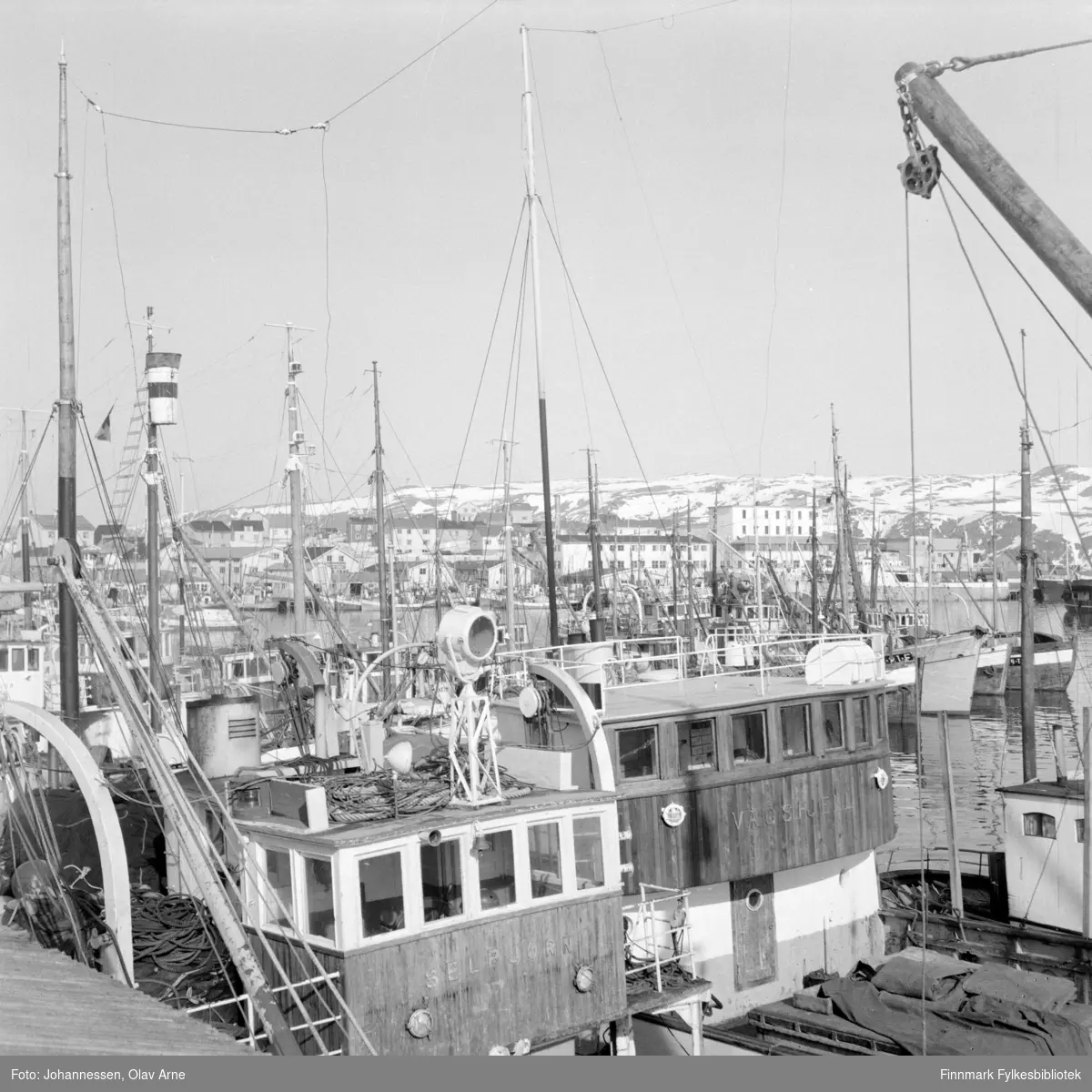 Fiskebåtene Selbjørn og Vågsfjell ligger til kais

Hvalbåter inne i ytre havn, Johan L. Mowinckel (olsborgbruket etter disponent Peder Olsborg) så FiNoTro bruket til høyre
