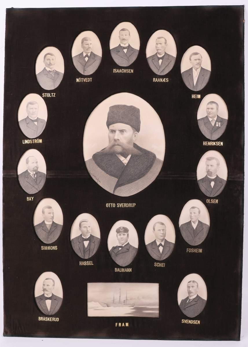 Portrettegninger av alle deltakerne på Otto Sverdrup´s 
FRAM tokt i 1898-1902 med tegning av skipet i isen.