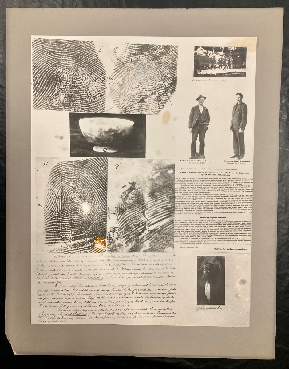 Fotomontasjen viser nærbilder av fingeravtrykk, etterlysningen av de to forbryterne med portretter, et foto hvor Svenssons lik føres bort og et nærbilde av Svenssons lik, samt et bilde av en av bevisgjenstandene, en melkebolle.