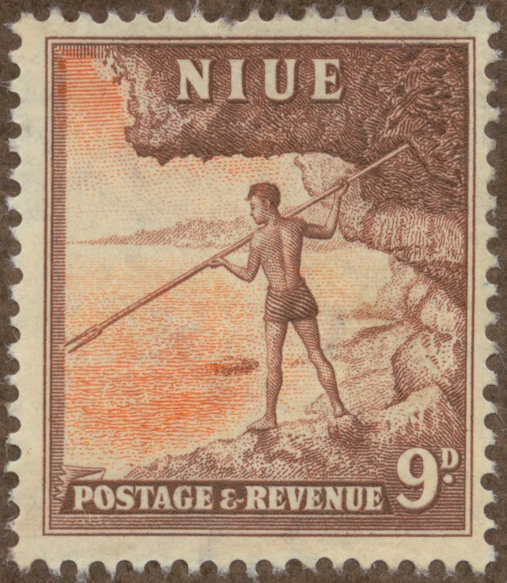Frimärke ur Gösta Bodmans filatelistiska motivsamling, påbörjad 1950.
Frimärke från Niue, 1950. Motiv av Fiske med spjut
