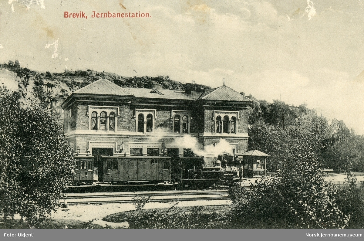Damplok type V med persontog på Brevik stasjon