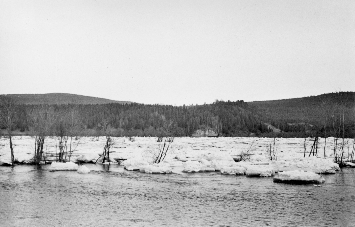 Isgang i Glomma våren 1934. Fotografiet skal være tatt i Midt-Østerdalen, antakelig i Stor-Elvdal. I forgrunnen var det ei lita, åpen vannflate, men ellers var dalbotnen dekt av is. Litt til høyre for bildets midtpunkt ser vi en liten bygning, antakelig ei høyløe, som må ha vært utsatt for harde påkjenninger under slike forhold. På den isdekte dalbotnen vokste det en del lauvtrær. På åsene i bakgrunnen var det barskogen som dominerte vegetasjonsbildet.

Den 15. mai 1934 publiserte avisa Østlendingen «Ukens fløtningsrapport», der isgangen og de spesielle værforholdene i begynnelsen av fløtingssesongen dette året ble beskrevet og kommentert slik:

«Forårsaket ved det varme vær, gikk det den 29. april en voldsom isgang fra Bellingmo nedover til Westgåard i Stor-Elvdal, hvorfra den noen dager efter fortsatte og løste sig op. En voldsom isgang i Glåma ovenfor Steibrua i Folla og Tunna kjørte sig fast ved Kveberg bru i Alvdal, tok den med og løste sig op på sin vei. Det varme vær, som satte inn samtidig over hele nedslagsdistriktet, bragte Glåma med alle bivassdrag til å svulme op til ekstraordinær stor flom, hvis vannføring i de nedre distrikter blev større enn den antagelig har vært siden 1860. Storflommen, som står på kuliminasjonspunktet ved Fetsund i dag, har vesentlig ved å føre tømmer innover land bragt fløtingen megen skade, uten at man ennu har oversikt over den økonomiske rekkevidde herav. Forøvrig har flommen ikke medført skade på lenser og andre fløtningsinnretninger av noen betydning i hovedvassdragene. …»