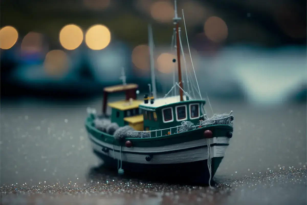 Nærbilde av en fiskebåt i miniatyr.