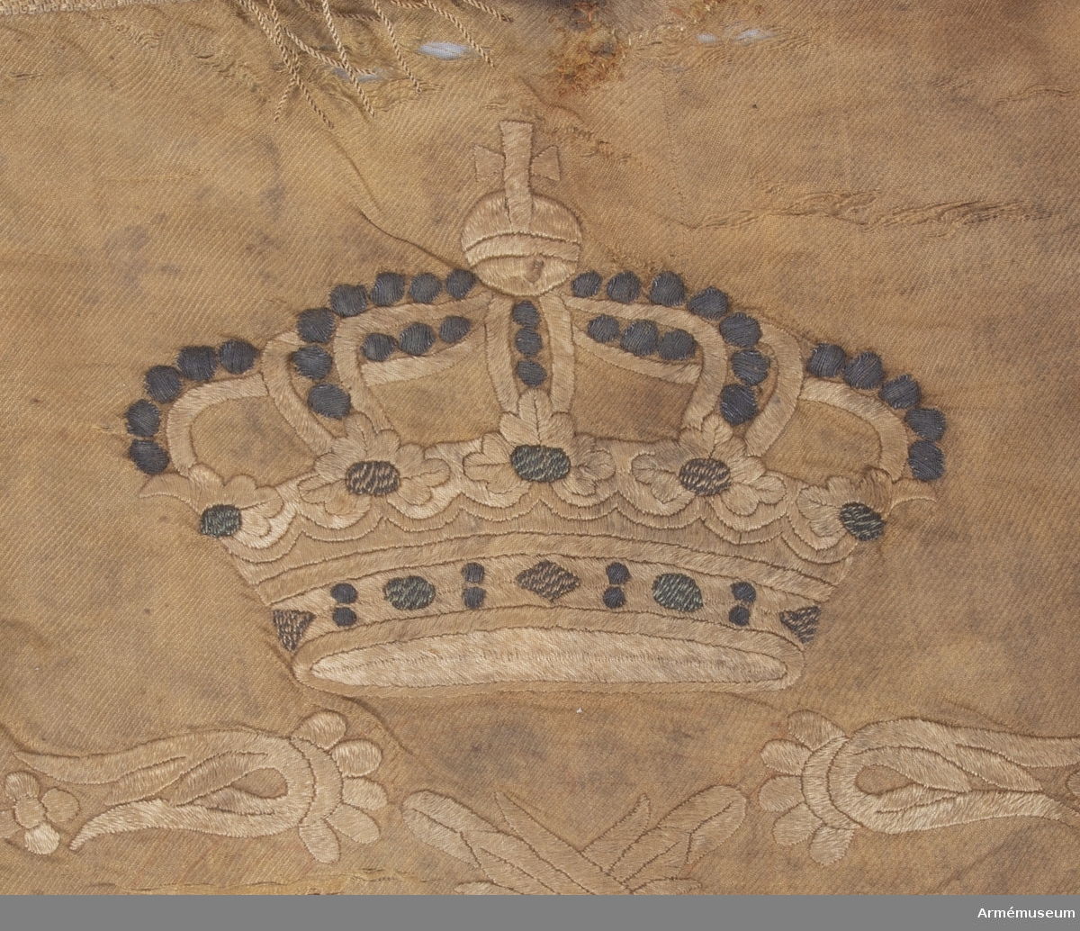 Standar av gult och ursprungligen blått sidentyg med broderier av Carl XIV Johans monogram under kunglig krona på åtsidan och Skånska gripen på frånsidan. Standaret omgivet av en frans av silke.