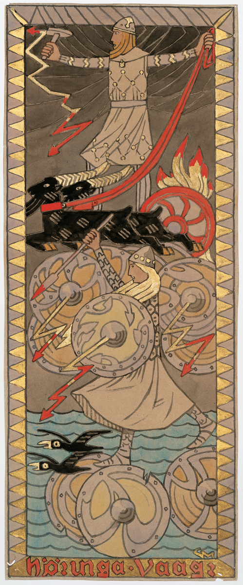 Tor med hammeren Mjølner og bukkene Tanngrisner. Vallkyrie iført rustning med Hugin og Munin. Motivet er basert på vignetten til Olav Tryggvasons saga fra Snorres Kongesagaer.