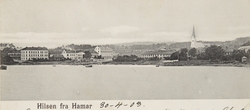 Postkort, Hamar, bypanorama fra Hamarbukta før jernbaneutbyg
