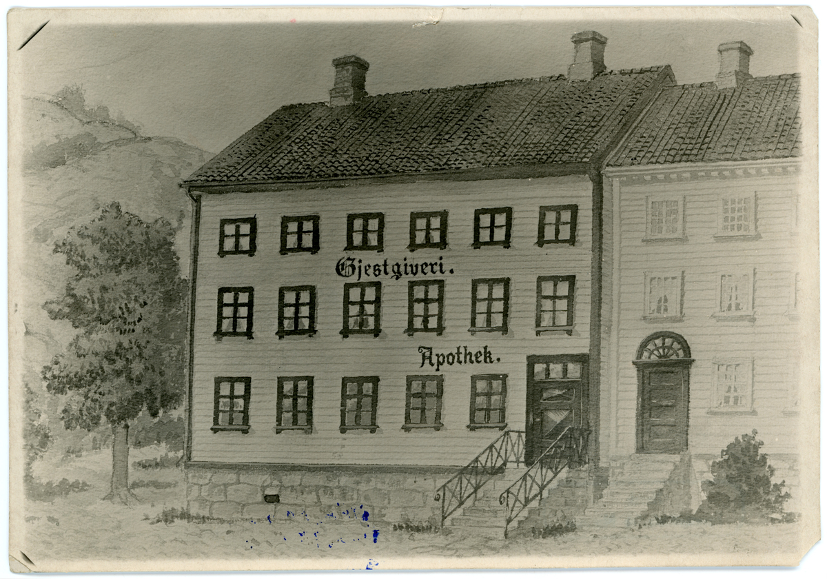 Avfotografert tegning: Risør apotek 1808, opprinnelig del av byprosjekt 1808.