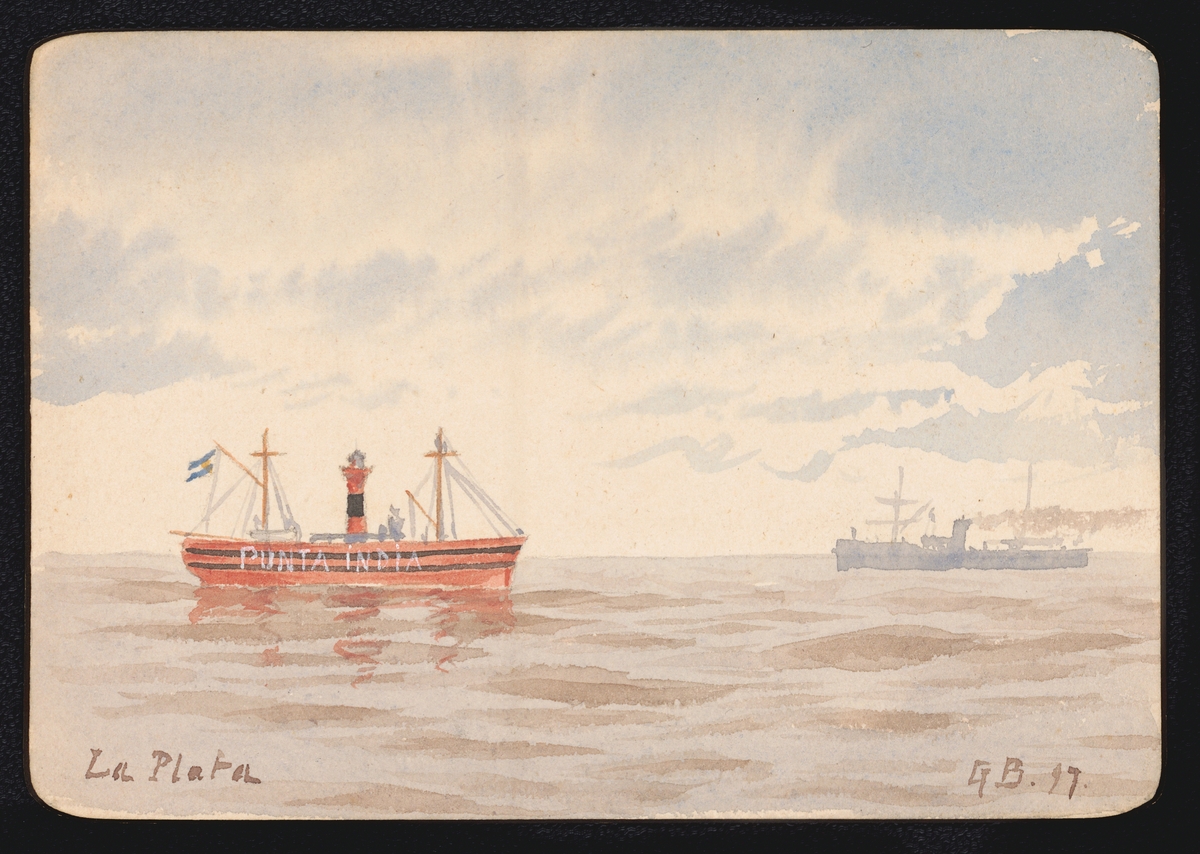 Fem små akvareller där baksidan på alla utan en använts som menyer. Akvarellerna visar olika båtar och fartyg som man mött under långresan.