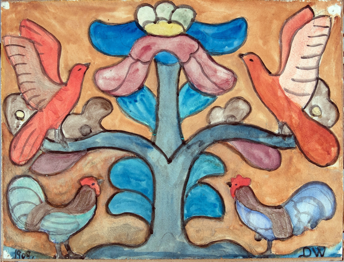 Røde og blå fugler og en blomsterstengel.