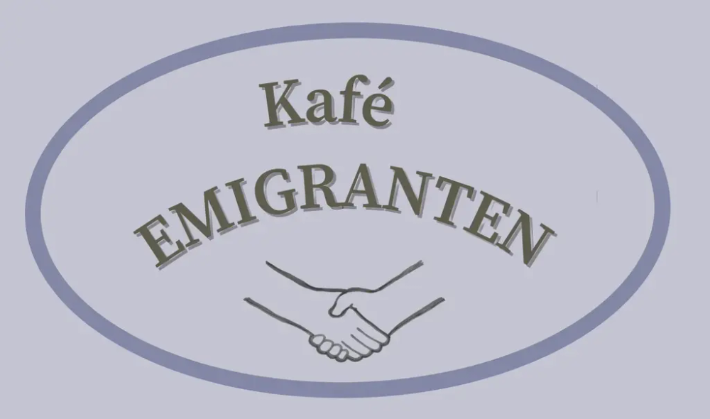 Kafe Emigranten logo, to hender som hilser