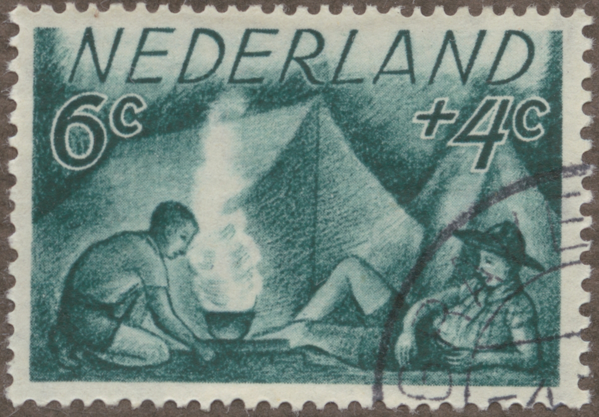 Frimärke ur Gösta Bodmans filatelistiska motivsamling, påbörjad 1950.
Frimärke från Nederländerna, 1949. Motiv av Tältliv av scouter