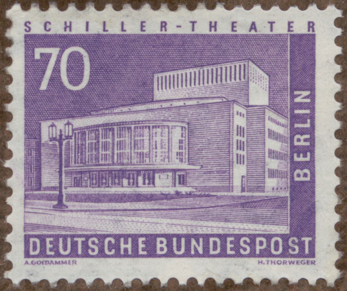 Frimärke ur Gösta Bodmans filatelistiska motivsamling, påbörjad 1950.
Frimärke från Tyskland, 1956. Motiv av Schiller Teatern i Berlin