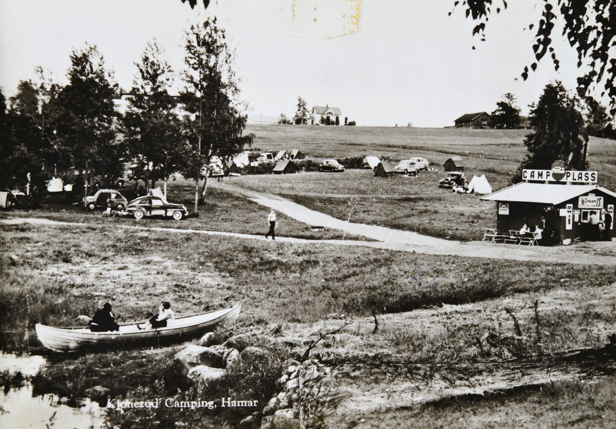 Postkort, Stange, Sandvika, Bekkelaget, Kjonerud camping i drift fra 1961 til Stange kommune tok over eindommen i 1986, KNA Camping, Åkersvika, kiosk, robåt,