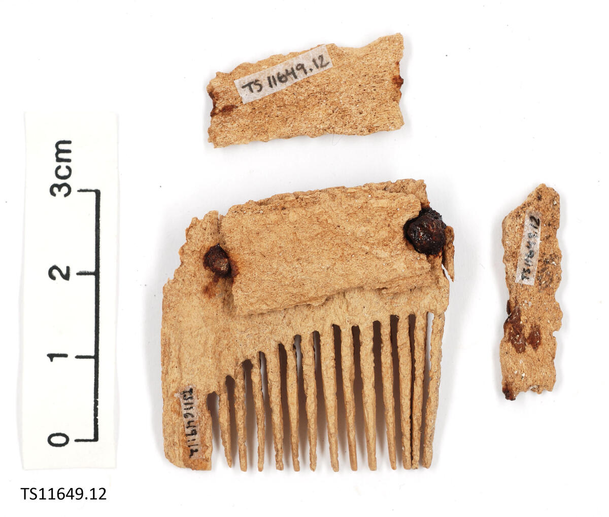 3 fragmenter av beinkam med jernnagler. Lengde på det største fragmentet: 3.2 cm, bredde: 3.4 cm og tannlengde: 0.9 - 1.8 cm.