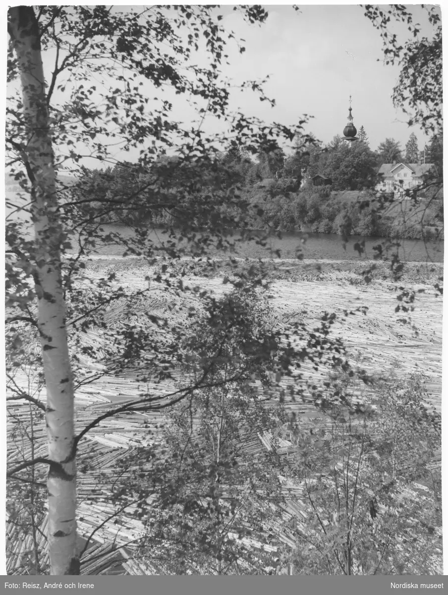 Dalarna. Timmer på Siljan och Leksands kyrka i bakgrunden.