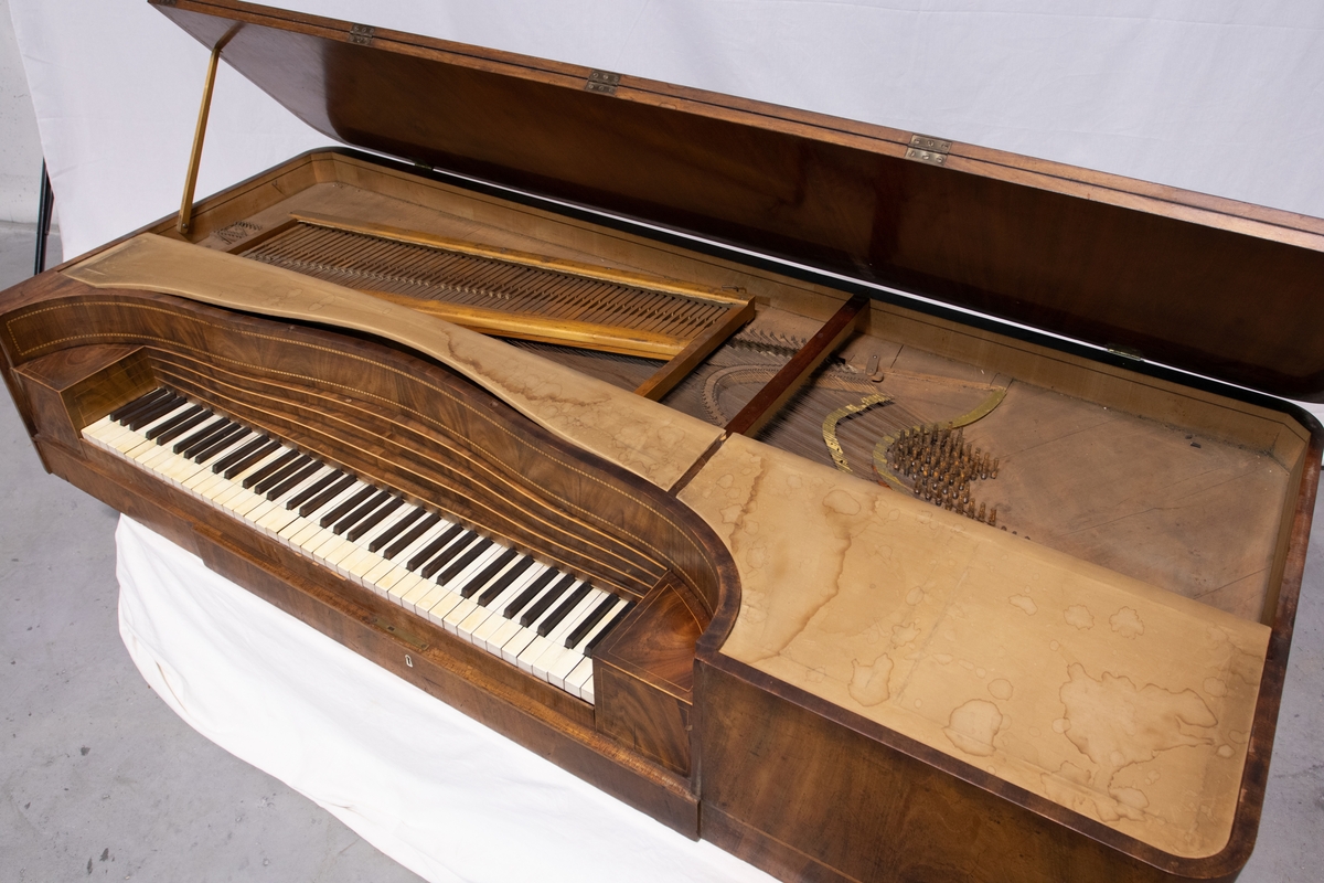Liggende piano med rektangulær kasse og fire riflede ben. Pianoet har harpeformet pedalstøtte.