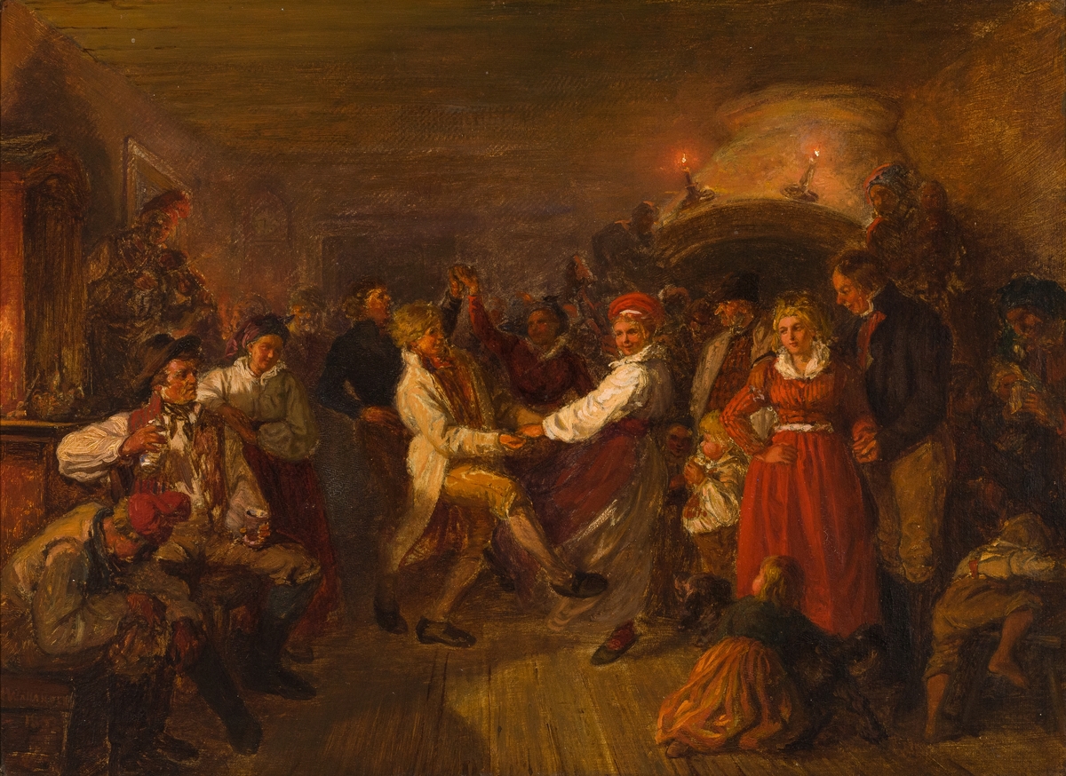 I ett upplyst rum sitter längs väggarna män, kvinnor och barn; närmast i förgrunden till vänster ett par män; i mitten dansande par; i bakgrunden till vänster spelmannen; till höger spisen med brinnande ljus