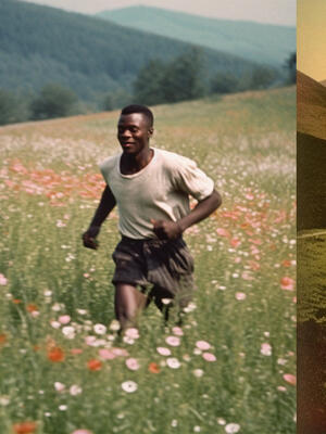En person løper i en blomstereng. På siden kan man se et landskap som er brunt og gult.