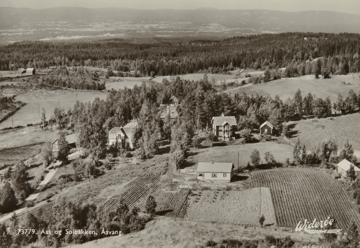 Postkort, Stange, Åsvang, flyfoto Solbakken og Aas, Ås,