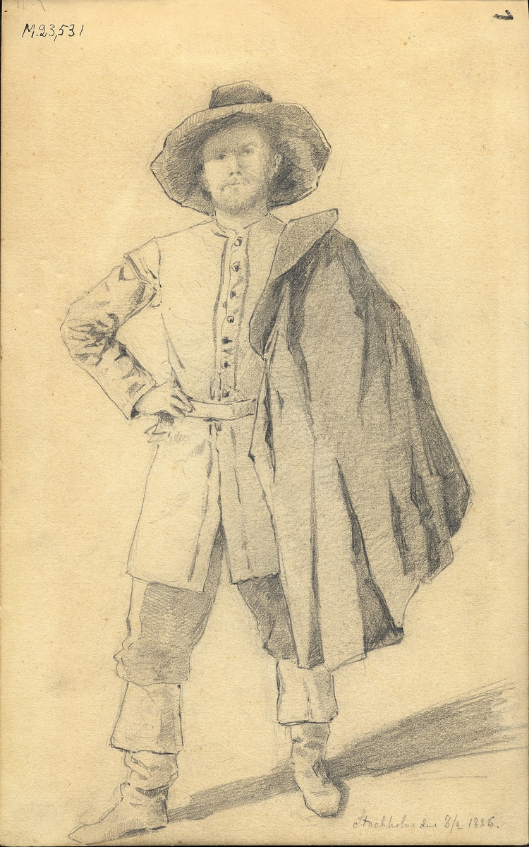 Skiss, blyerts. En man i 1600-talskläder med slokhatt.
Helfigur, en face.

Inskrivet i huvudbok 1975.
