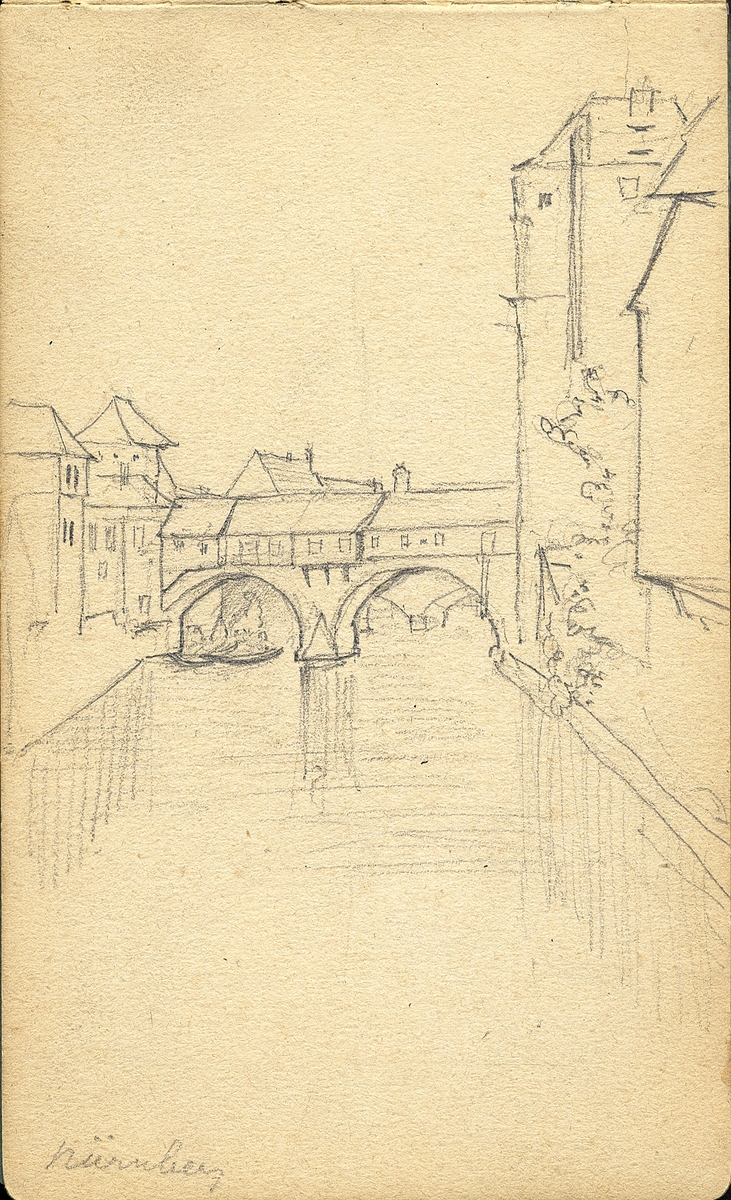 Skiss, blyerts. En bro (Henkersteg, skapad 1597), över floden Pegnitz i Nürnberg.

Inskrivet i huvudbok 1975.