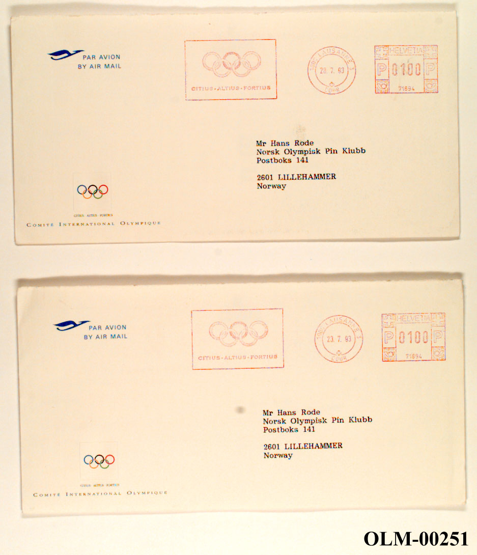 To brev fra president Samaranch i IOC, Lausanne, adressert til Hans Rode. Offisielle konvolutter og brevpapir med de olympiske ringene i farger.