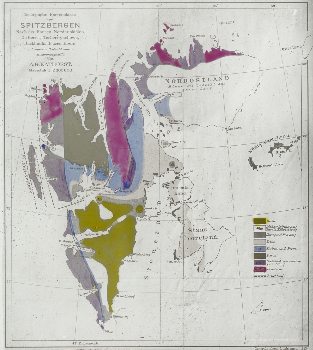 Kart over geologiske epoker. Laget av A.G. Nathorst. Tekst med bildet: Karter. Spitsbergen. Geologisk oversikt.