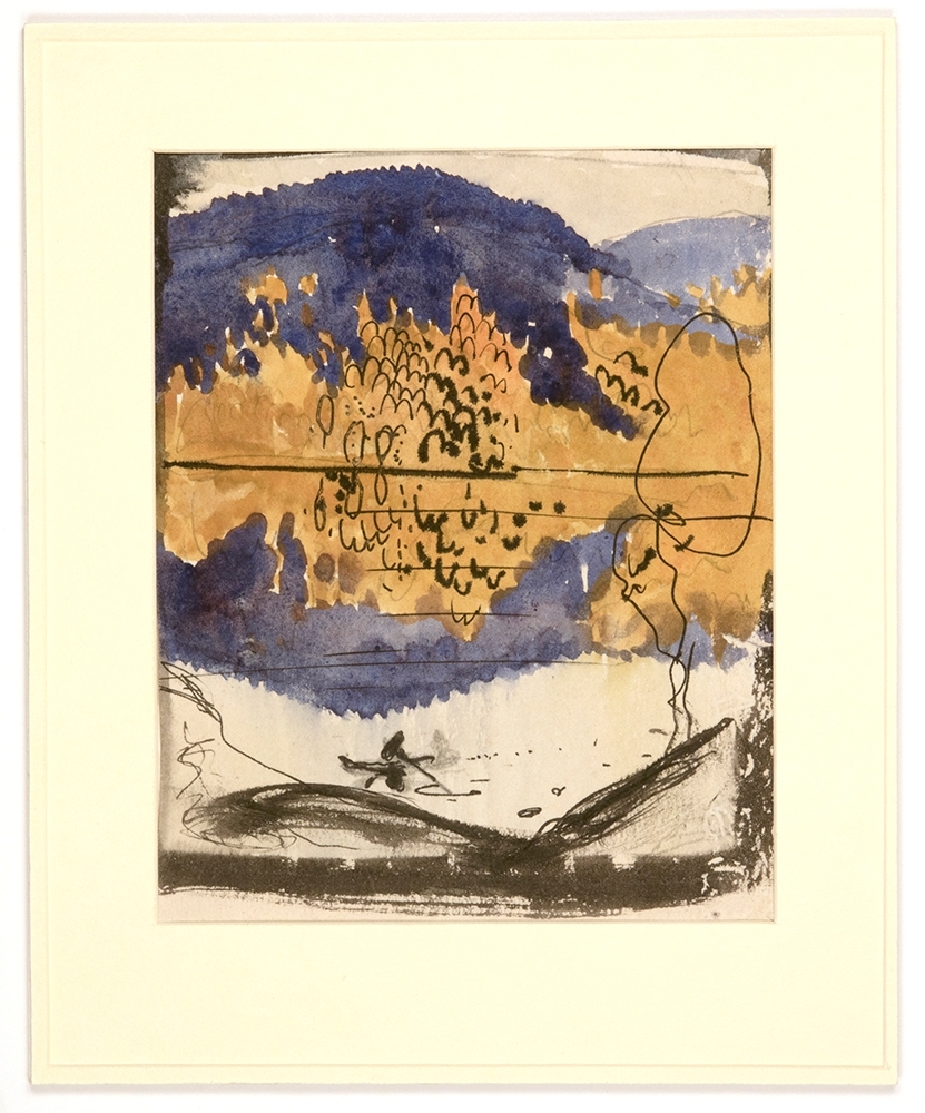 Skiss, akvarellerad blyertsteckning troligen från Lapplandsresan, sjö med roddbåt, i bakgrunden lövskog i höstfärger och höjder bakom i blått.Baksida: Kohuvud.