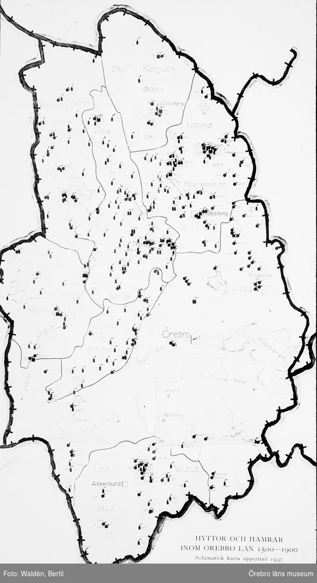 Örebro län. Hyttor och hamrar under 1500-1900 talet, karta.