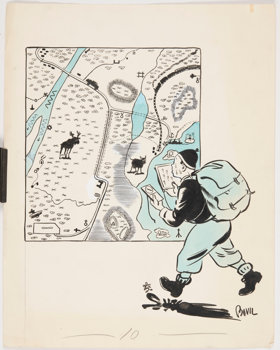 Illustration av vandring.

Bilden illustrerar en karta med olika teräng, djur och fordon. I bildens högra hörn går en man med en ryggsäck på ryggen, en karta i ena handen och en kompass i den andra, och om huvudet rinnet det svett. Mannens karta är fylld med frågetecken.