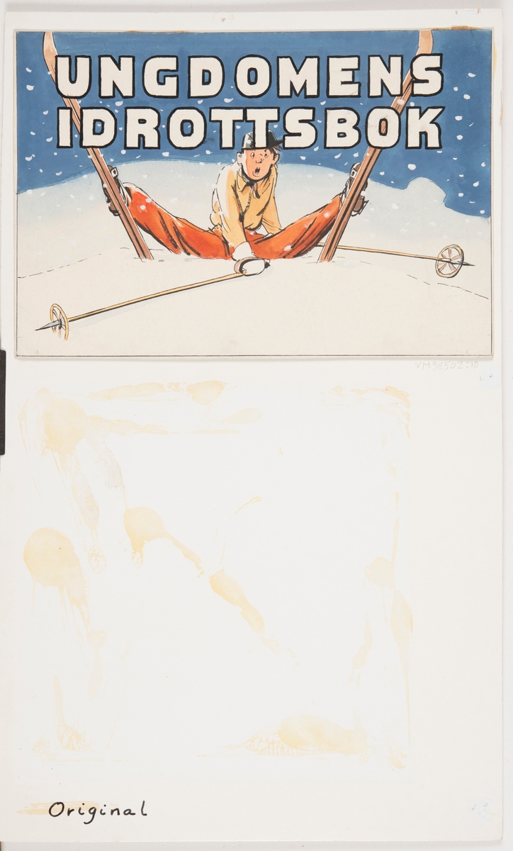Illustration till bokomslag, "Ungdomens idrottsbok".

Bokens titel står överst i bilden. En man på skidor sitter på en snötäckt kulle. Benen pekar åt varistt håll och skidorna står rätt upp, i händerna håller han stavar. Han ser förvirrad ut. Bakgruden är blå och det snöar vita snöflingor.