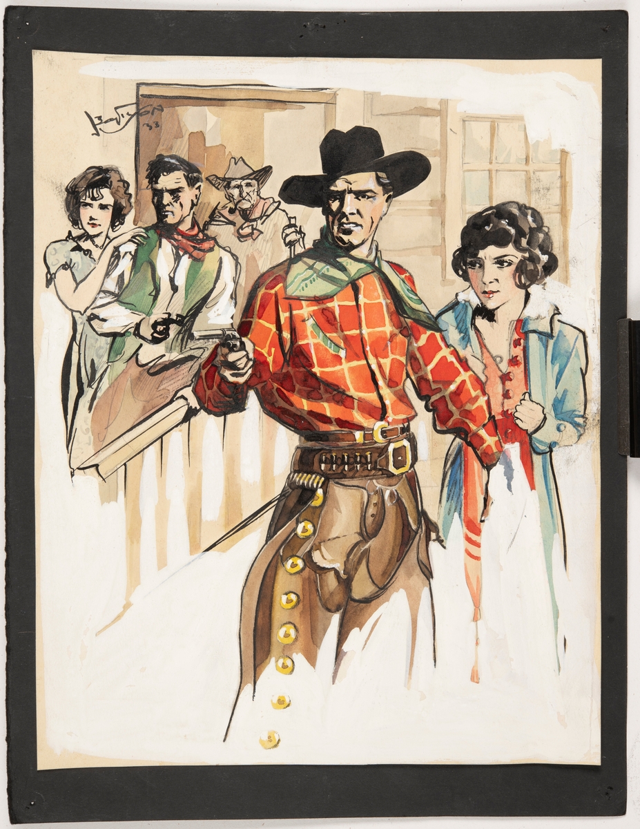 Troligen illustration till bok eller tidning.

Illustrationen föreställer en cowboy som riktar en pistol mot vänster i bilden. Tätt bakom mannen står en kvinna och tittar åt samma håll. Mannen håller sin andra arm framför kvinnan som om han vill skydda henne. Till vänster i bilden står en man och en kvinna bakom ett räcke, de är allvarliga i blicken. Bakom paret skymtar en man med cowboyhatt. I bakgrunden syns delar av en träbyggnad.