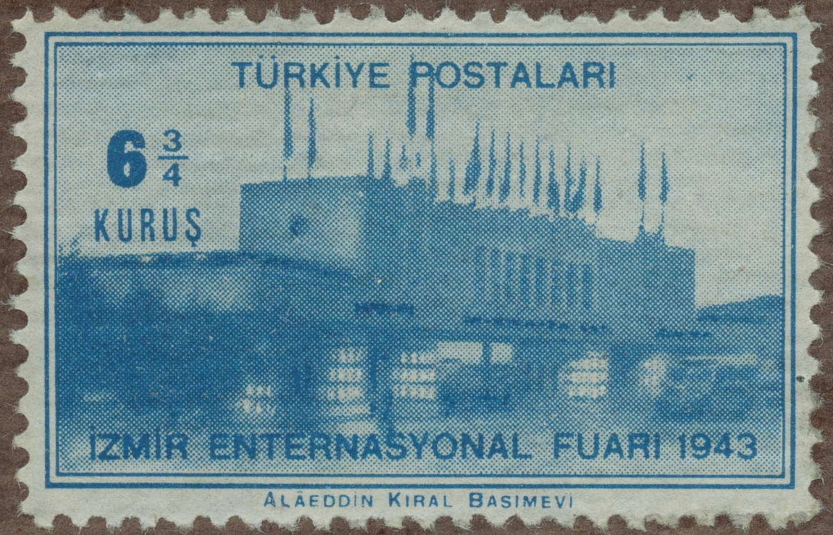 Frimärke ur Gösta Bodmans filatelistiska motivsamling, påbörjad 1950.
Frimärke från Turkiet, 1943. Motiv av Utställningsbyggnader Internationella mässan i Izmir (Smyrna) Februari 1943
