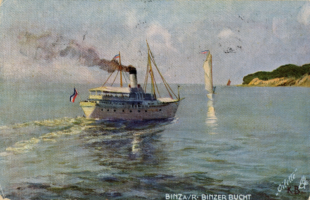 Ångfartyg och segelbåt i Binzer Bucht vid Rügen, Tyskland. Vykort, färglitografi efter målning av Katharina Bamberg.