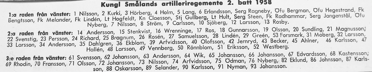 Kungliga Smålands Artilleriregemente, 2. batteriet, 1958.