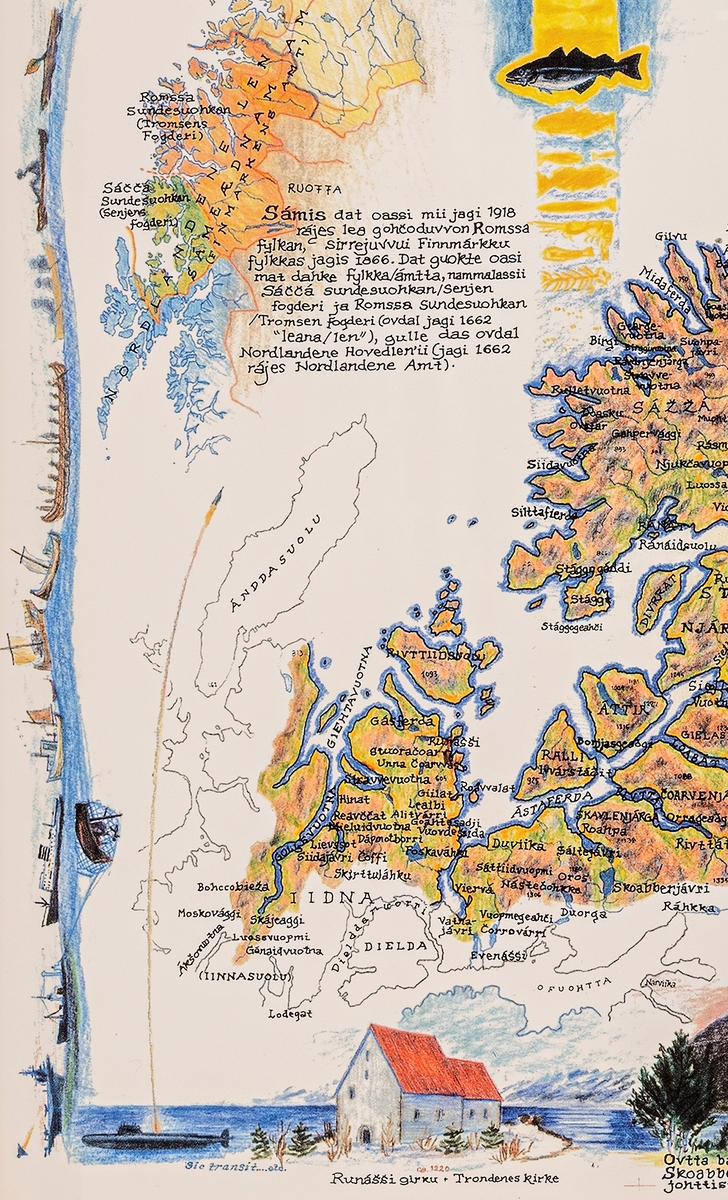Når Nordområdene deles opp mellom nasjonalstater, trekkes det streker gjennom samiske landområder og over samiske stedsnavn. Siden midten av 1970-tallet har Hans Ragnar Mathisen tegnet intrikate kart over Sápmi/Nord-Norge. I disse kartene er nasjonalgrenser fraværende, mens det myldrer av samiske navn. I et av kartene er Nordpolen i sentrum, omkranset av de nordlige landmassene innskrevet med de ulike urfolksgruppenes navn. Mathisens tegninger synliggjør perspektiver og eksistenser som offisielle kart ikke rommer. Kartet er et mektig redskap, men hvem har rett til å tegne det?