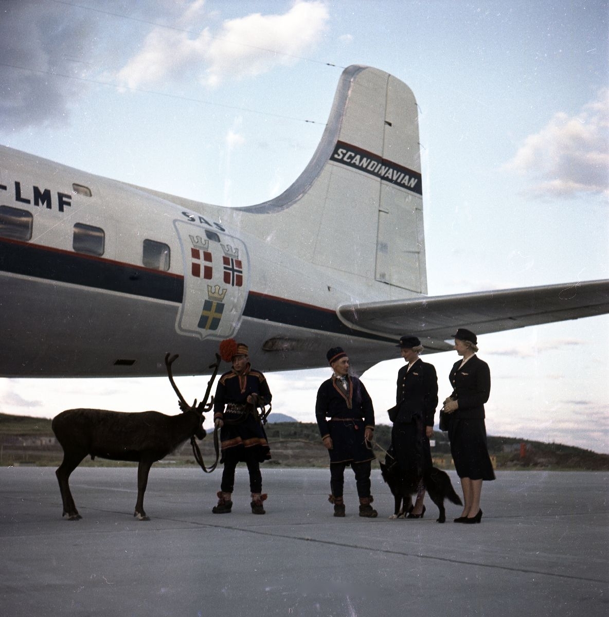 Karl og Kalle Karlstad med hunden Dilko og et reinstyr står oppstilt sammen med to flyvertinner foran SAS' DC-6 "Agne Viking".