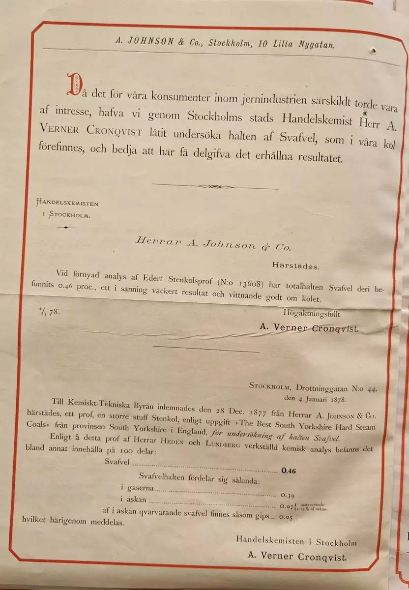 Broschyr från A Johnson & Comp, Stockholm, Lilla Nygatan 10 och Göteborg, Norra Hamngatan 10. 12 sidor. Central- Tryckeriet, Stockholm 1877.