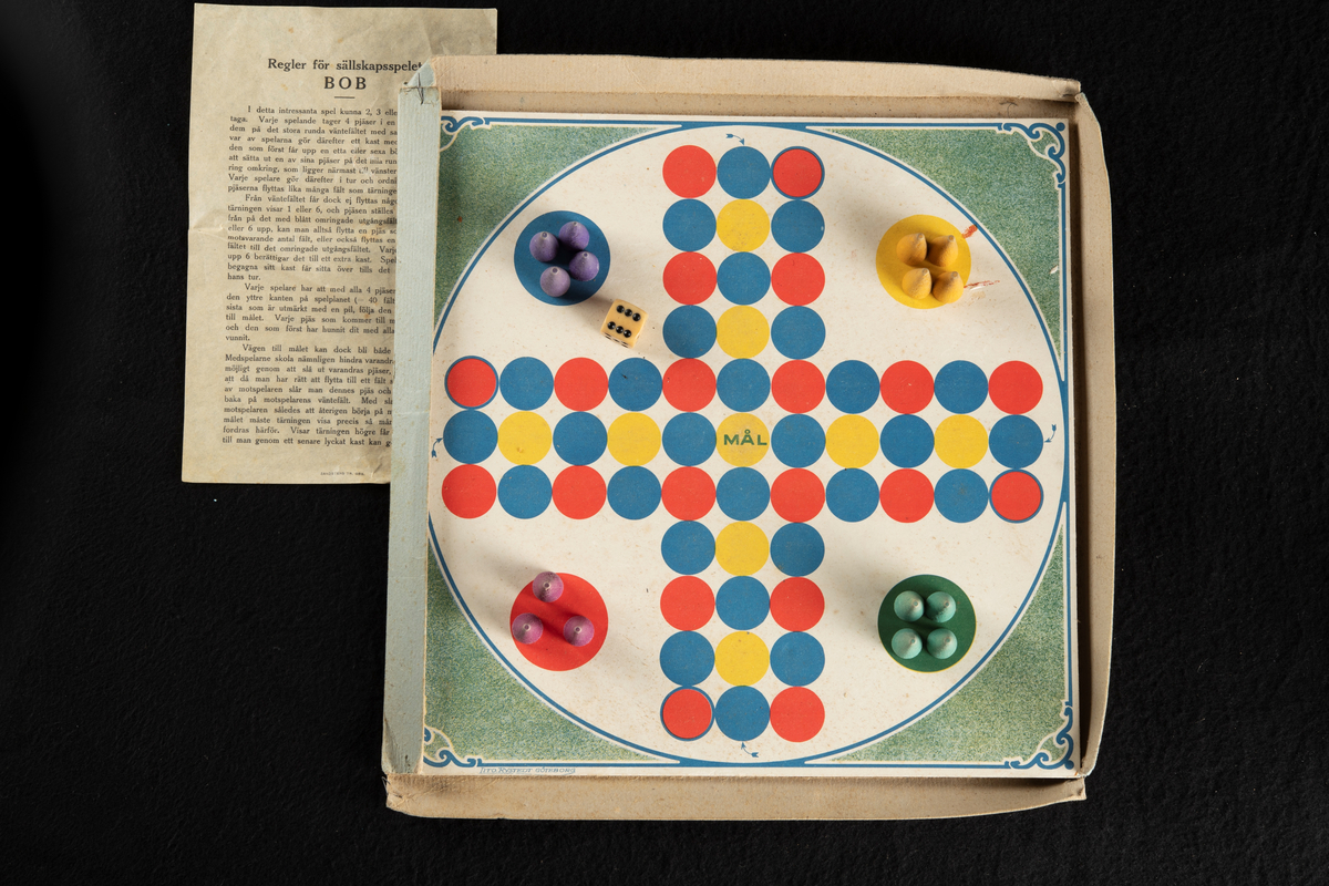 Spel i originalförpackning av papp, med spelplan, instruktioner, tärning och spelpjäser. En spelpjäs saknas. Förpackningen är en kvadratisk, platt ask i ljusgrön, bleknad färg med text på framsidan. Spelplanen är formad som ett kors, bestående av tre rader med prickar för spelpjäsernas placering, i fyra olika färger. I varsitt hörn är spelarnas "bo" markerat, där deltagarna startar, vart och ett i varsin färg; rött, blått, gult och grönt.